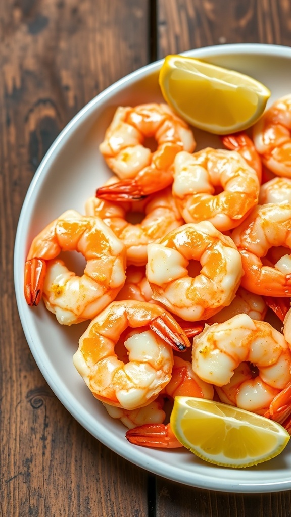 Air Fryer Shrimp Cooking Time Guide Air fryer shrimp served with lemon wedges on a plate.